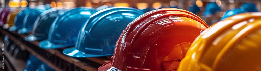 Boldly contrasting hard hats symbolize safety and protection, ready for any indoor construction challenge - obrazy, fototapety, plakaty 