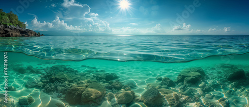 Panorama view of underwater sand and sea rocks with sunny blue sky and cloud, split view half over and under water surface, Pacific ocean
