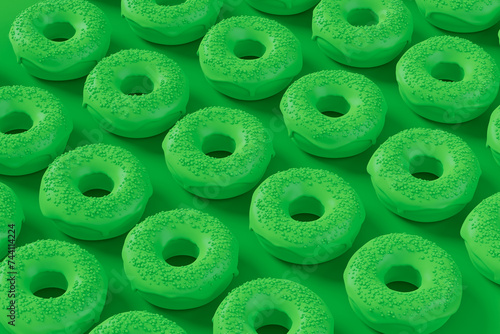 Isometric view of glazed donut with sprinkles on plain monochrome green color