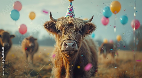 A festive bovine stands proudly in a sun-kissed field, adorned with a whimsical party hat as it gazes at the vast sky above