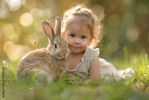 A playful toddler admires a fluffy domestic rabbit while lying in a field of grass, capturing the innocence and wonder of youth © Vladan