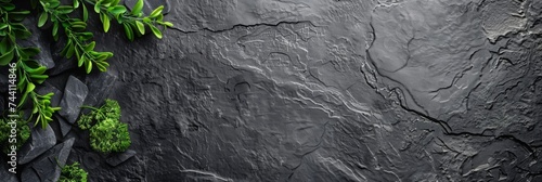 Panel kuchenny z motywem Greenery on Black Slate - Vibrant green plants against a textured black slate, highlighting contrasts in nature