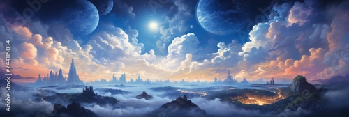 Mystical Fantasy Skyline - A breathtaking digital art piece showcasing a cityscape beneath celestial bodies with a vibrant play of light and shadow, invoking a sense of wonder and fantasy.