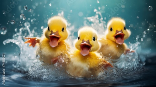 Cheerful Ducklings Splashing Water - These energetic ducklings splashing in water represent joy and the liveliness of nature's creatures. photo