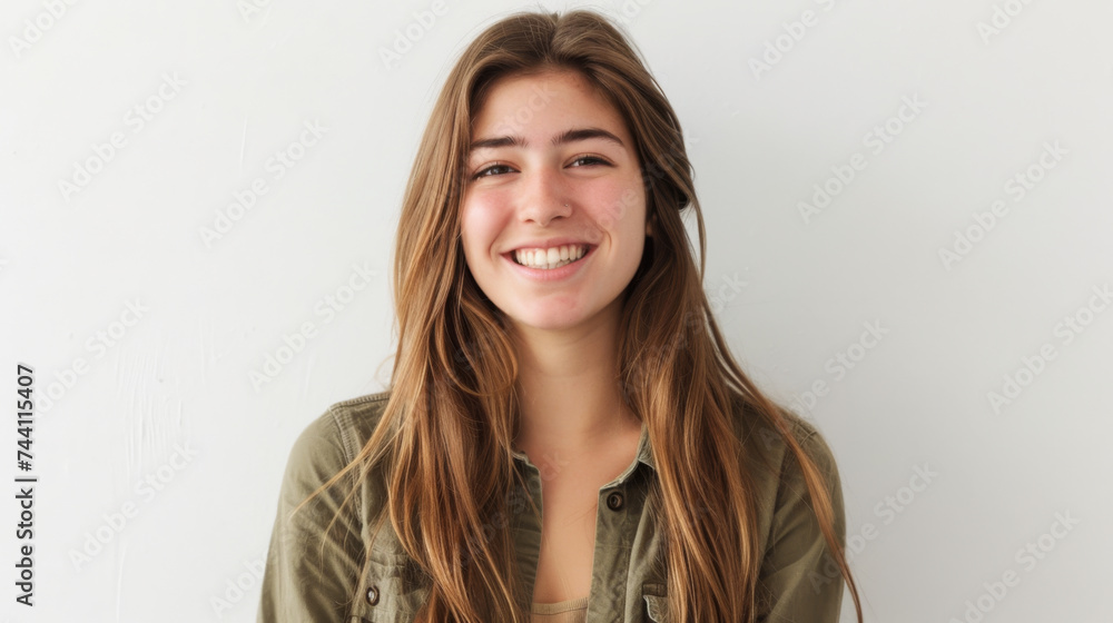 Fototapeta premium A cheerful woman with wavy hair and freckles smiles warmly, wearing a casual denim shirt against a light background.
