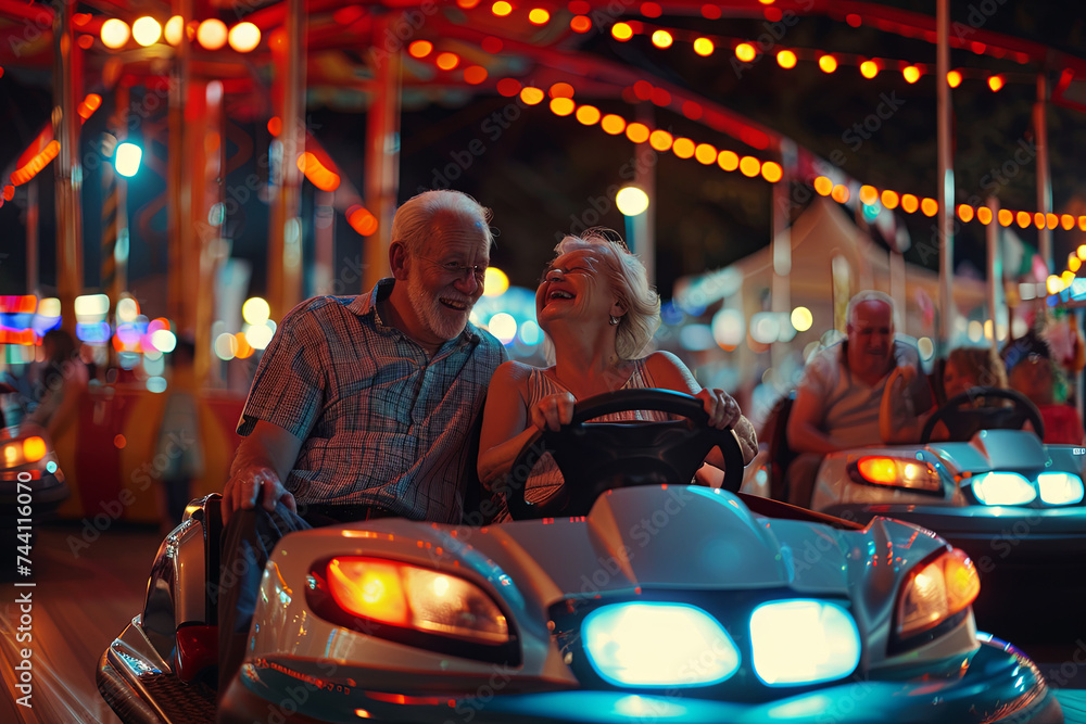 Fototapeta premium Senior couple having a ride in the bumper car at the fun fair