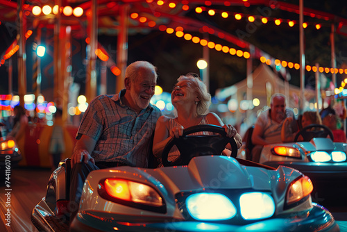 Senior couple having a ride in the bumper car at the fun fair © Fabio
