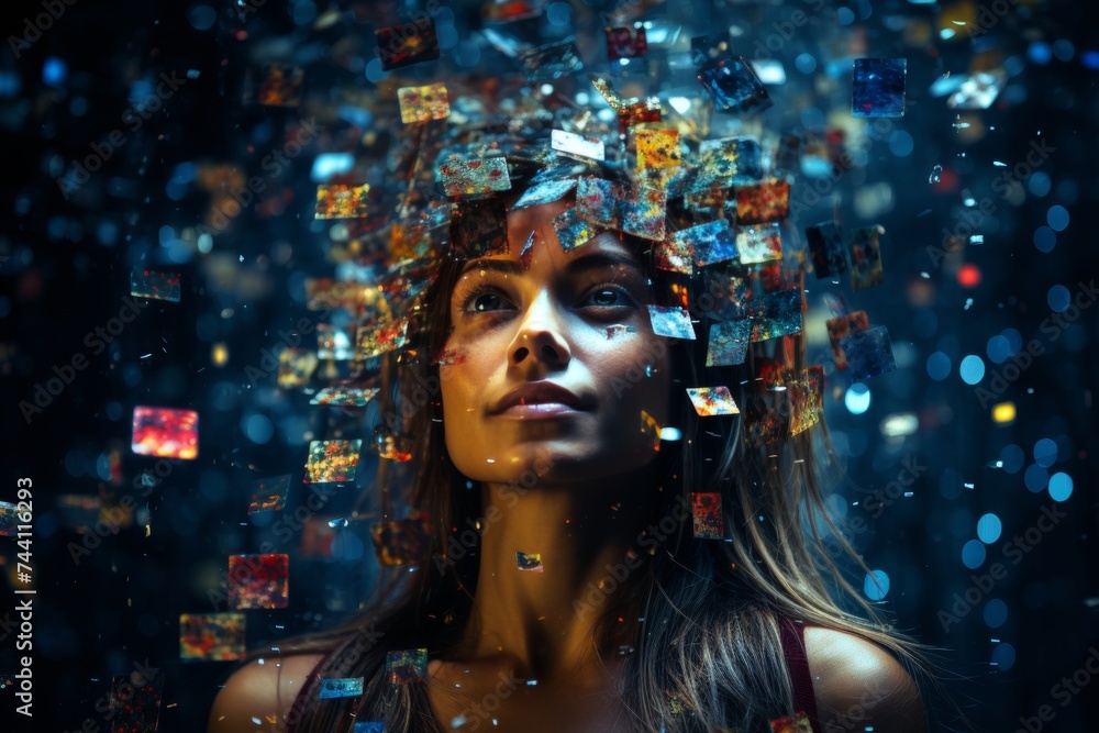 Overwhelming information data explode out of head of young human brain, too much media, too much information Overwhelming information data explode out of head of young human brain, too much media, too much information