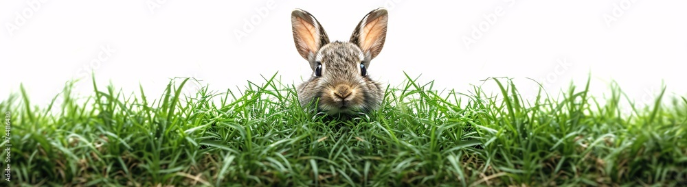 A curious domestic rabbit blends into the lush green grass, surrounded by its wild relatives - the brown hare, eastern cottontail, and snowshoe hare - in a peaceful outdoor field A curious domestic rabbit blends into the lush green grass, surrounded by its wild relatives - the brown hare, eastern cottontail, and snowshoe hare - in a peaceful outdoor field