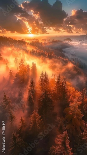 Enchanted forest at sunrise with mist and golden light