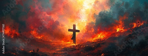 A fiery cross stands tall amidst the scorching heat, symbolizing the destructive power of fire and its impact on nature