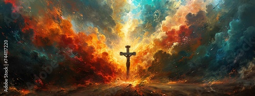 A fiery masterpiece of religious devotion, capturing the struggle and sacrifice of a man on a cross against a backdrop of smoldering clouds