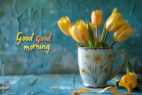 Coffee mug with yellow tulip flowers and notes good morning on blue rustic table,with writing”good morning” photo