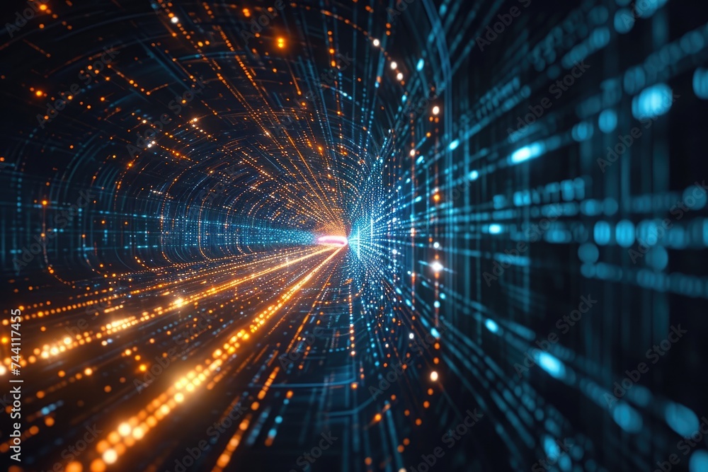 Obraz premium A dimly lit underground tunnel with a row of bright lights shining through the center, Data flowing through a protective firewall, AI Generated