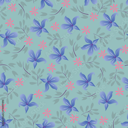 Seamless vintage pattern. Wonderful white flowers and green leaves  on a light green background. vector texture. trend print for textiles and wallpaper