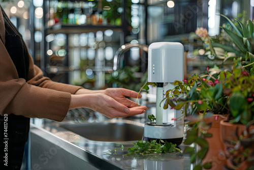 Female hands using wash hand sanitizer gel pump dispenser photo