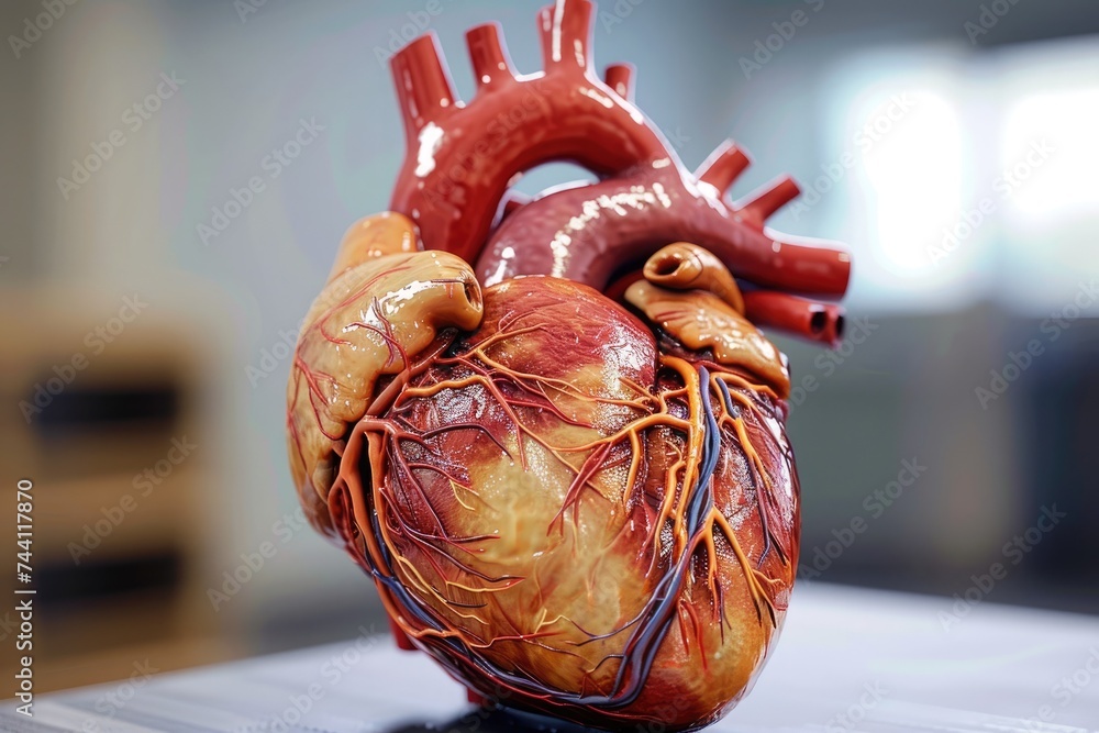 Real Heart Image Dissection A model of a human heart is displayed on a table, showcasing its ...