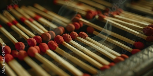 A detailed shot showcasing a collection of individual matches up close. Concept Matchstick Collection, Macro Photography, Detailed Close-ups photo