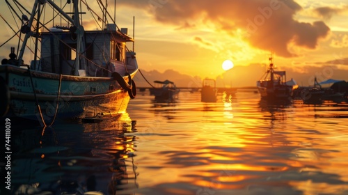 a part of fishing boat in a harbor at sunset warm color shadow