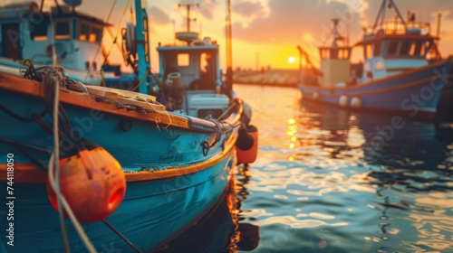 a part of fishing boat in a harbor at sunset warm color shadow photo