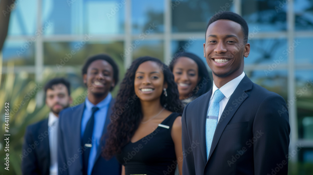 group of professional individuals, likely a business team, standing together and smiling at the camera. group of professional individuals, likely a business team, standing together and smiling at the camera.