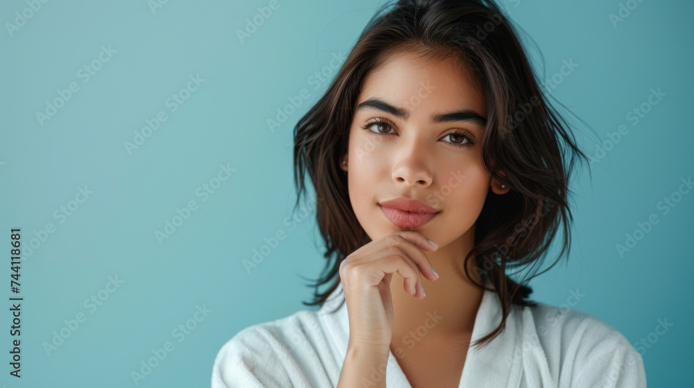 confident young woman with a subtle smile, posing with her hand on her chin against a blue background. confident young woman with a subtle smile, posing with her hand on her chin against a blue background.