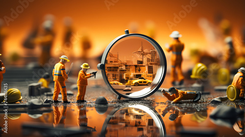 Fire surveillance inspection and fire fighting with magnifying glass on orange background. Fireman and conflagration concept