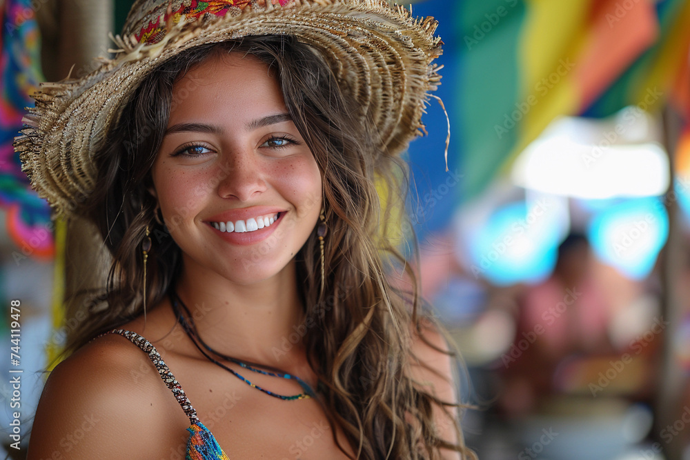 Mulher sorrindo no  São João e Festas Juninas