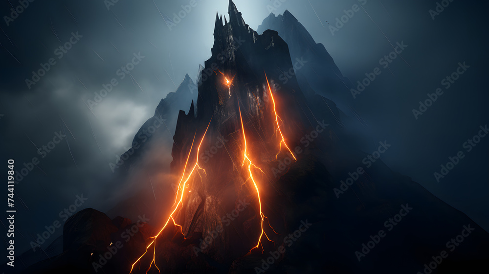 A volcano erupting. Eruption of a volcanic mountain, and red magma spewing out and flowing.
