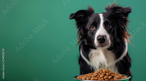 Perro border collie con plato de comida © VicPhoto