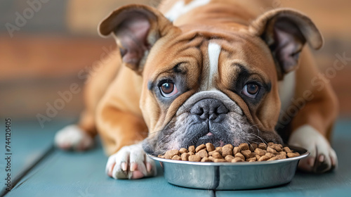 Perro bulldog con un plato de comida © VicPhoto