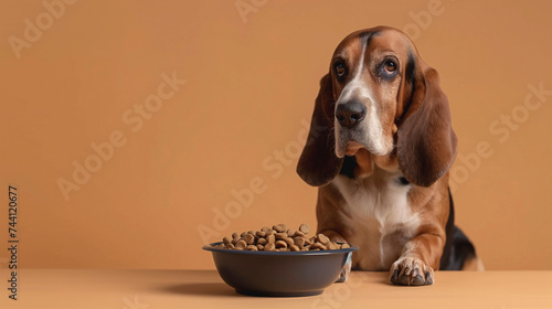 Perro basset hound con plato de comida