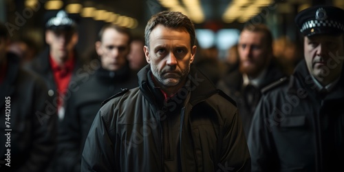 Man with worried expression police officers blurred in background candid shot. Concept Portrait Photography, Emotional Expression, Candid Moments, Police, Concerned Man