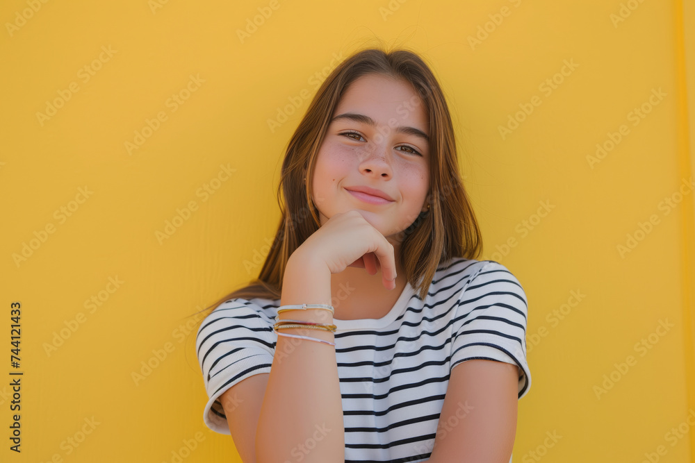A relaxed young girl in a striped shirt poses with a thoughtful expression against a solid yellow wall. A relaxed young girl in a striped shirt poses with a thoughtful expression against a solid yellow wall.