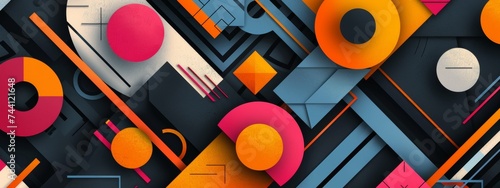 Modern geometric art with overlapping shapes and lines in a mix of pink  orange  and gray tones.