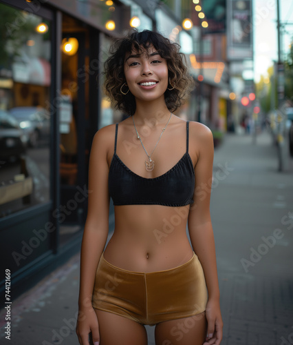 A joyful woman with curly hair smiling in an urban setting, wearing a black top and gold shorts.