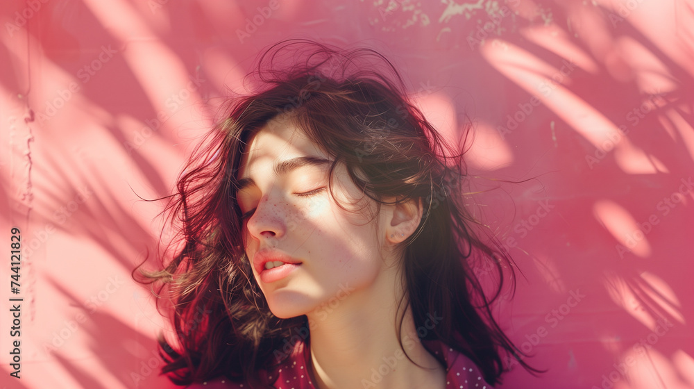 Serene woman with closed eyes enjoying sunlight, with shadows of leaves on her face, depicting tranquility and relaxation.