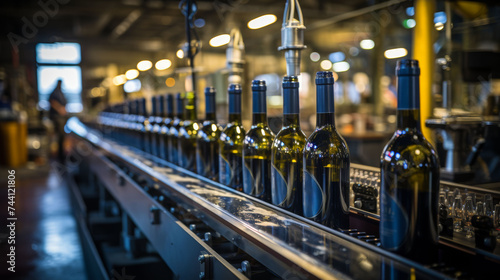  Bottling line for wine with filled bottles ready for corking and labeling.