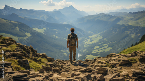 Devant la montagne, l'homme contemple l'immensité, laissant son esprit s'élever vers des horizons infinis. photo