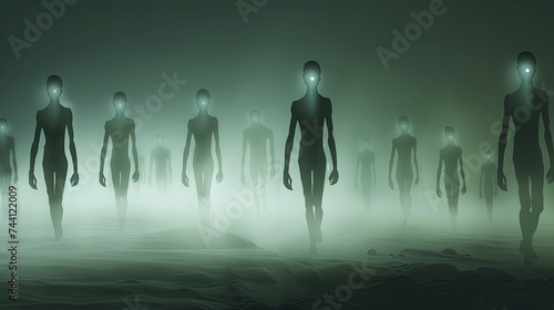 A group of alien beings emerge from the fog. Fantastic plot. UFO futuristic concept. Illustration for varied design.