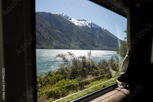 lake and mountain view from van window