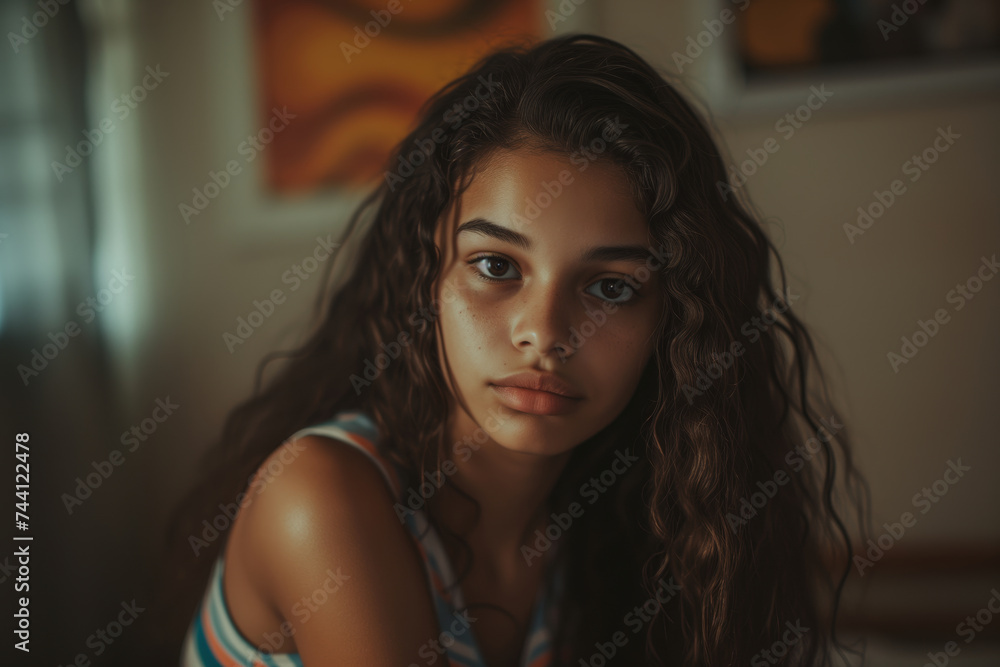 Intense gaze of a young woman with long curly hair, in a striped tank top, against a warm indoor background with soft lighting. Intense gaze of a young woman with long curly hair, in a striped tank top, against a warm indoor background with soft lighting.