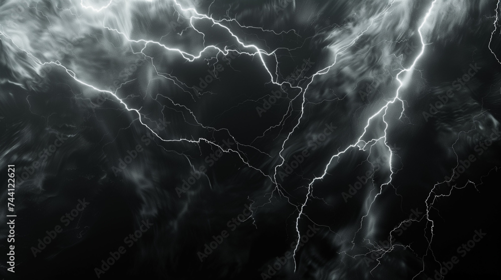 Dramatic lightning bolts strike through dark stormy skies, showcasing nature's raw power. - obrazy, fototapety, plakaty 