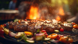 the bbq grill full of steak and vegetables cooking at the outdoor party