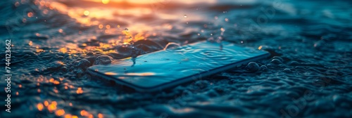 Stranded smartphone lies amidst the sparkling waves at golden hour, evoking themes of loss and technology