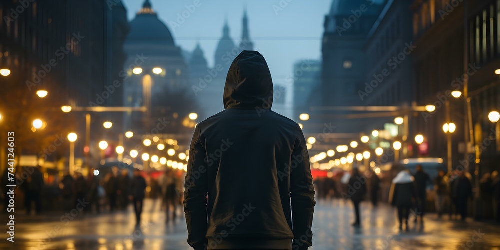 Unidentifiable person wears hoodie standing in city setting exuding mysterious vibe. Concept Mysterious Figure, Urban Setting, Hoodie, Cityscape, Enigmatic Portrait