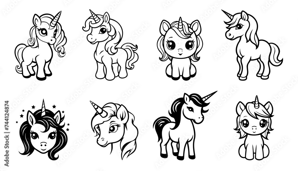 Set of girls Unicorns vector illustration for children's design.Isolated. Cute fantasy animals. Set of girls Unicorns vector illustration for children's design.Isolated. Cute fantasy animals.
