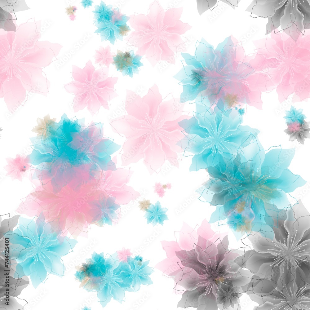 Grey, aquamarine blue, pastel pink and light beige transparent flowers on the white background. Seamless pattern. Pattern for wrapping, textile, print Grey, aquamarine blue, pastel pink and light beige transparent flowers on the white background. Seamless pattern. Pattern for wrapping, textile, print