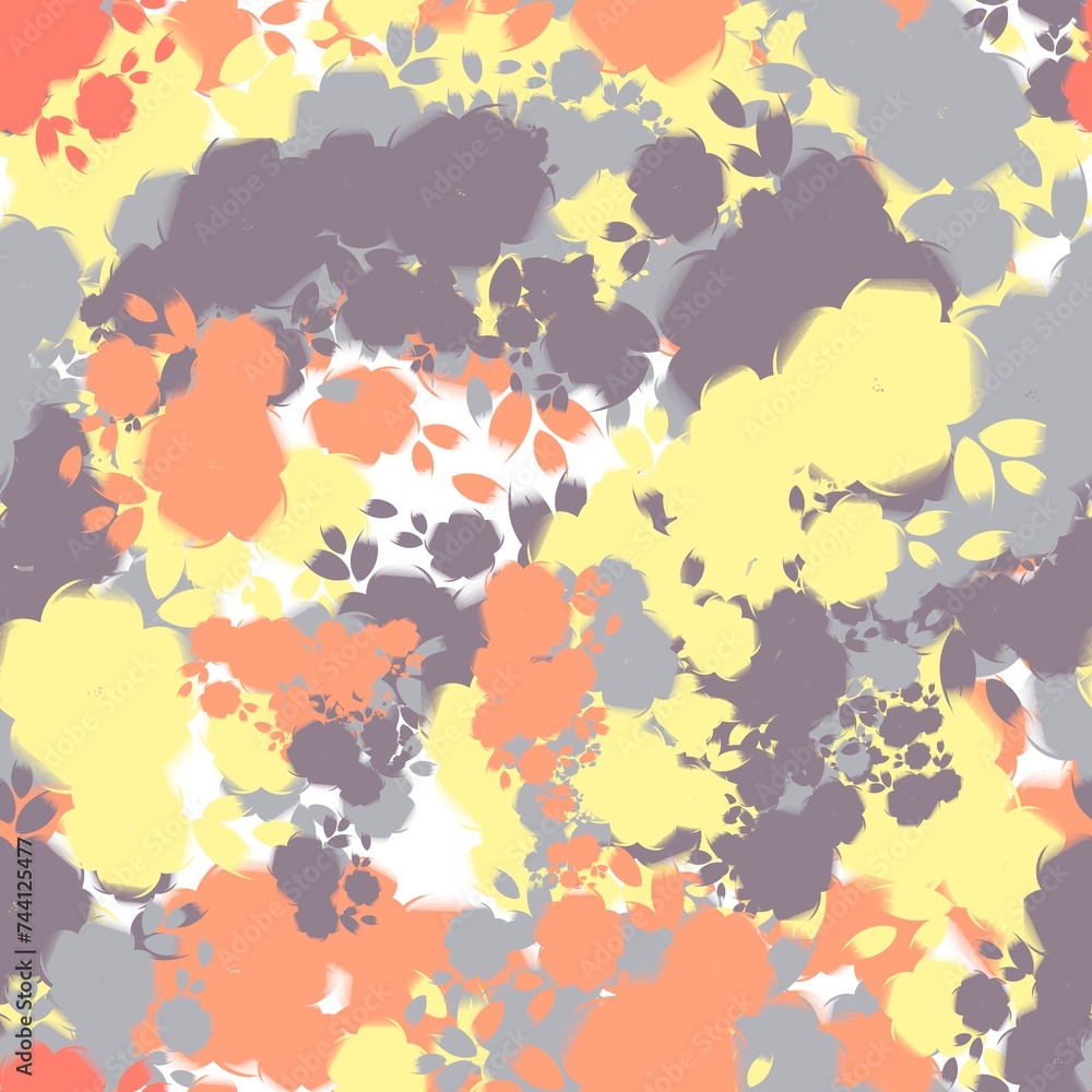 Natural grey, grey cloud, vivd tangerine and pale canary yellow flowers. Seamless pattern. Floral texture.