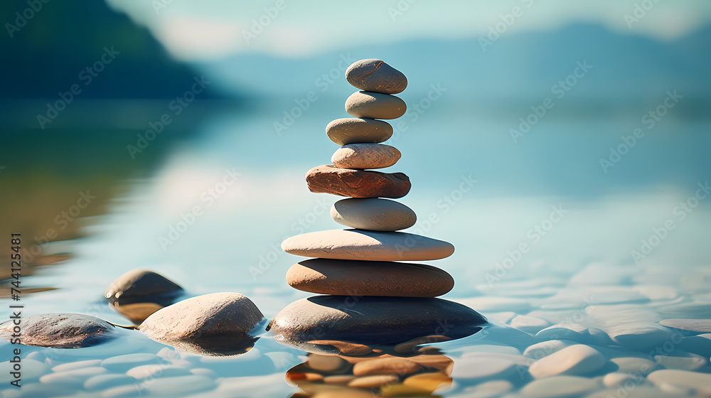 Yoga, meditation, pyramid is made of flat stones stacked on top of each other - obrazy, fototapety, plakaty 